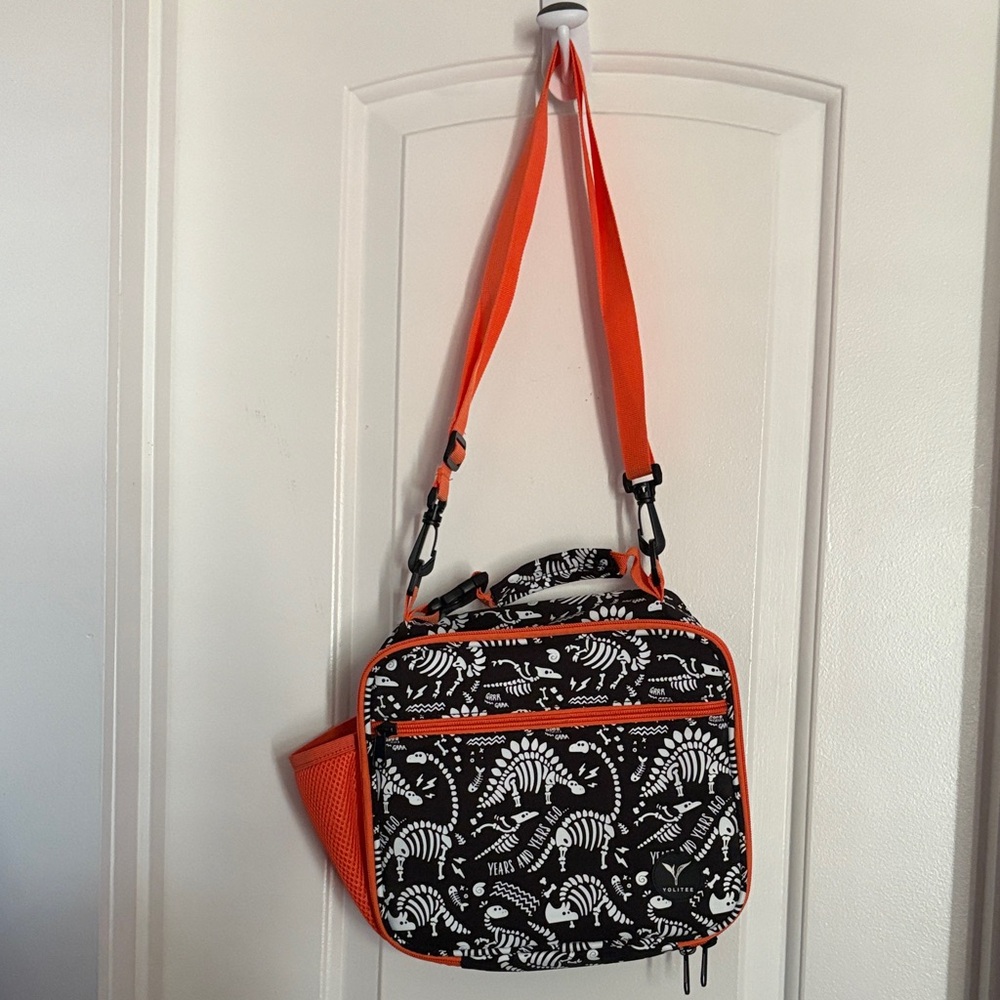 Skeleton dinosaur Print Lunch Bag with Orange  Strap